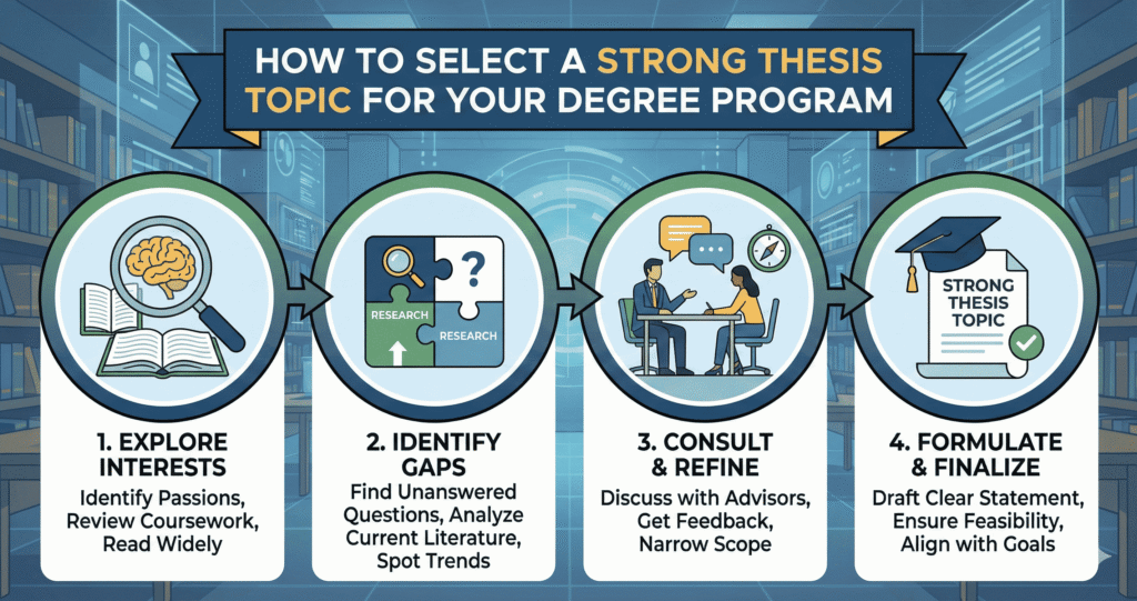 How to Select a Strong Thesis Topic for Your Degree Program' shown within the WordPress media library attachment details window. The four-step process illustrated is: 1. Explore Interests, 2. Identify Gaps, 3. Consult & Refine, and 4. Formulate & Finalize, each with corresponding icons and descriptive text.