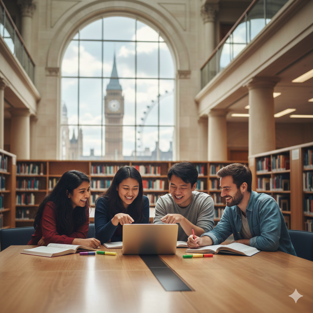 A group of international students in a modern UK university