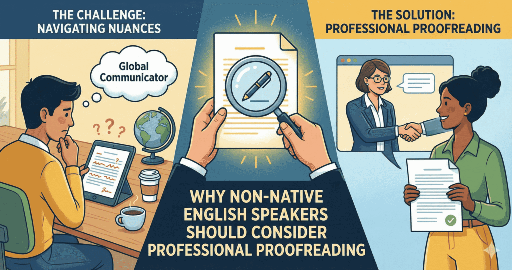 An infographic titled 'Why Non-Native English Speakers Should Consider Professional Proofreading.' On the left, it shows a person looking confused while working on a tablet under the heading 'The Challenge: Navigating Nuances.' The center features a magnifying glass over a document, and the right side shows a professional holding a checked document and shaking hands with a colleague under 'The Solution: Professional Proofreading.