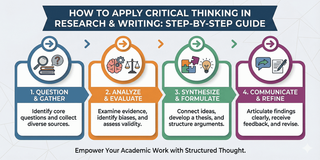 An infographic by FQ Assignment Help titled 'How to Apply Critical Thinking in Research & Writing: Step-by-Step Guide.' The graphic features four sequential steps: Question & Gather: Identify core questions and collect diverse sources. Analyze & Evaluate: Examine evidence, identify biases, and assess validity. Synthesize & Formulate: Connect ideas, develop a thesis, and structure arguments. Communicate & Refine: Articulate findings clearly, receive feedback, and revise. The footer concludes with the message: 'Empower Your Academic Work with Structured Thought.